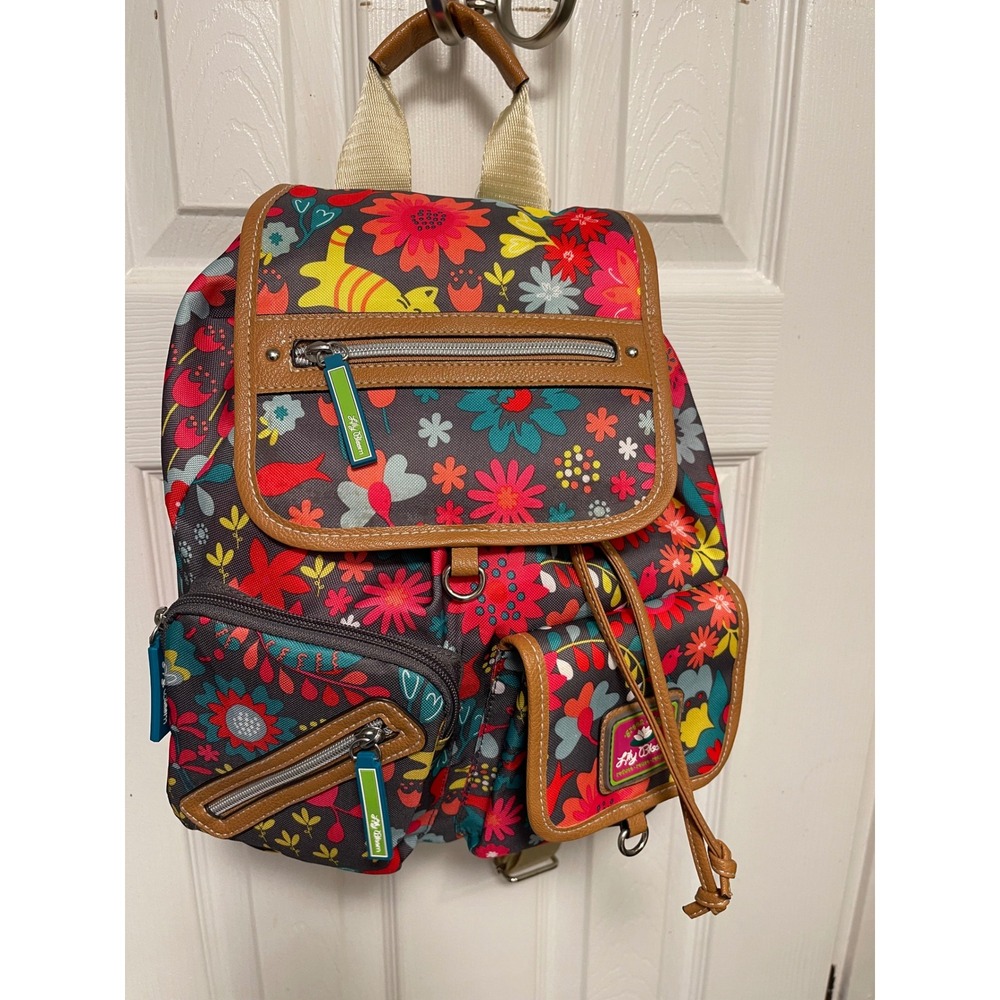 Lily Bloom Floral Cat Print Backpack Multi Color Recycled Fabric Drawstring Bag